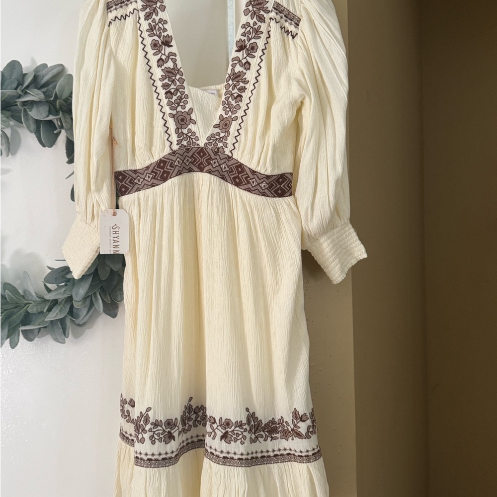 Shyanne Cream and Brown Plunge Sundress with Bishop Sleeves